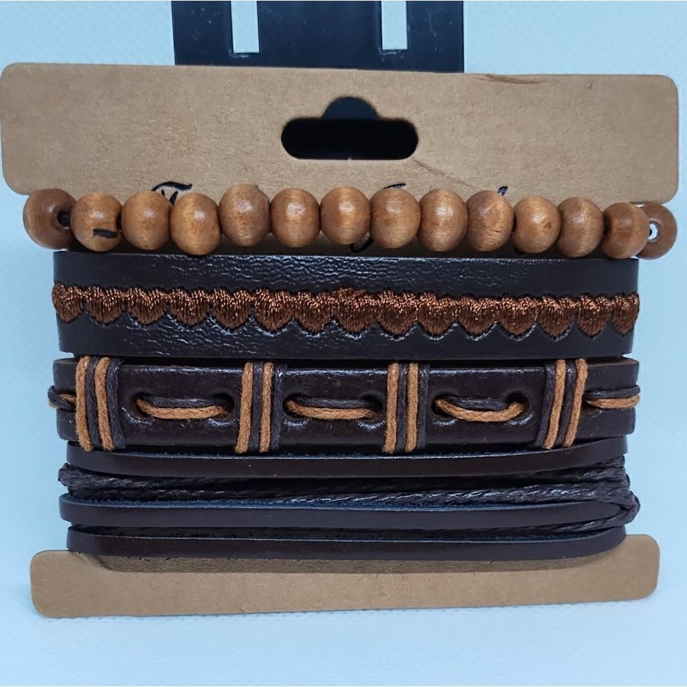 Men's leather bracelets set 4pc layered braided beaded brown new d102